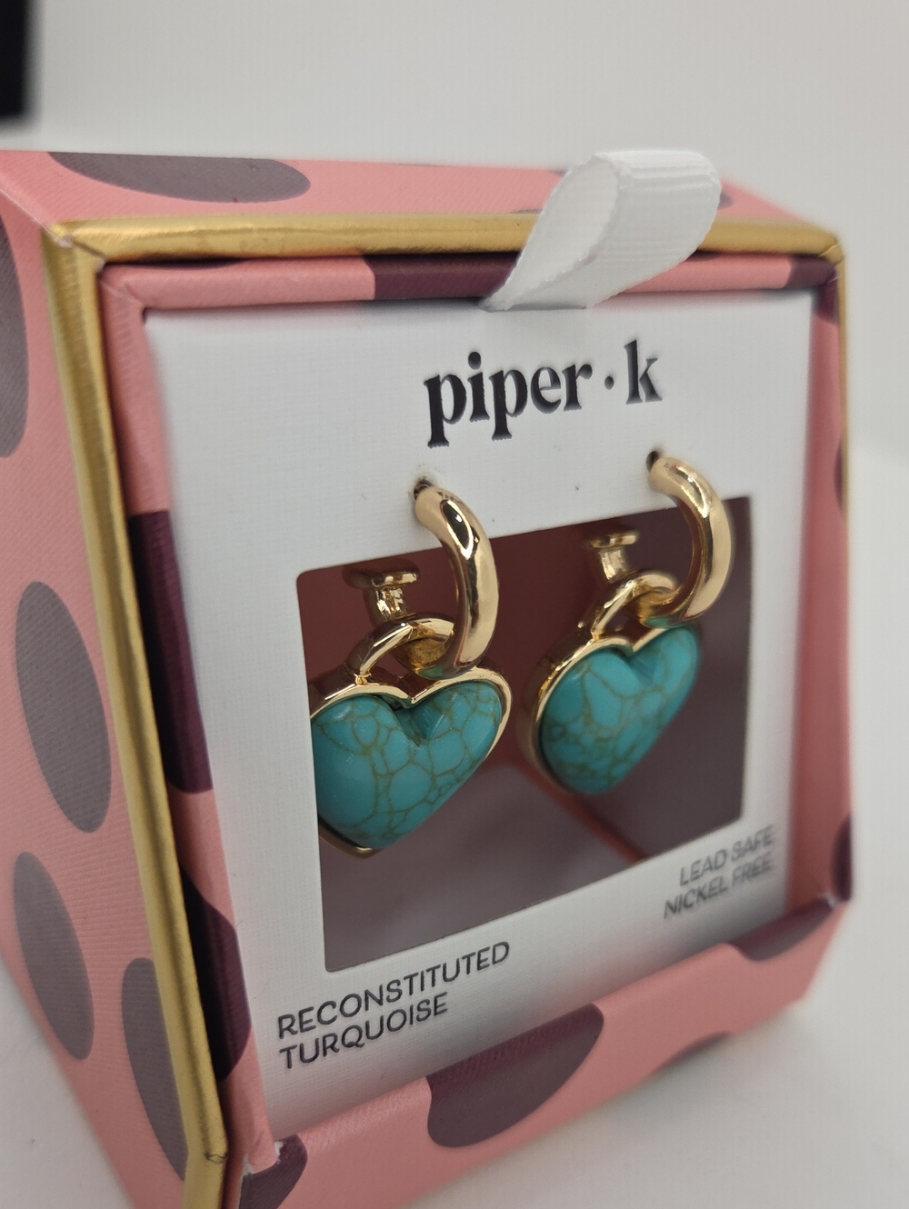 💙▪️Piper K Gold Heart Hoop Earrings with Recosntistuted Turquoise Stone Drops - Picture 4 of 5